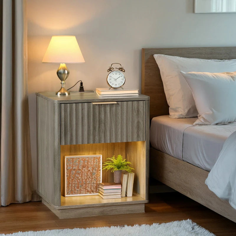 Szafka nocna z 1 szufladą i dolną półką, z płyty P2 MDF, 19 cali (ok. 48 cm), z oświetleniem USB RGB w kratkę