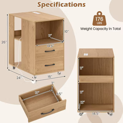 End Table w/Built-in Charging Station USB Ports & Outlets 2 Drawers & 3 Shelves Natural