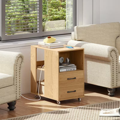 End Table w/Built-in Charging Station USB Ports & Outlets 2 Drawers & 3 Shelves Natural